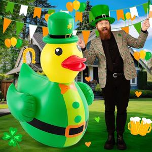 Hungdao 1 Pc 4 ft St. Patrick's Day Inflatable Duck Giant Blow up Rubber Duck with Lucky Shamrock Hat for St. Patrick's Day Golf Cart Parade Outdoor Yard Lawn Decorations (Air Pump Not Included)