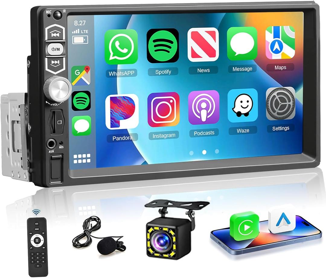 Single Din Car Stereo Radio with Carplay Android Auto,Podofo 7Inch 1080P HD IPS Touchscreen 5.1Bluetooth Car Radio Audio Support FM Radio EQ Mirror Link SWC USB/TF/Aux-in Ports+Backup Camera