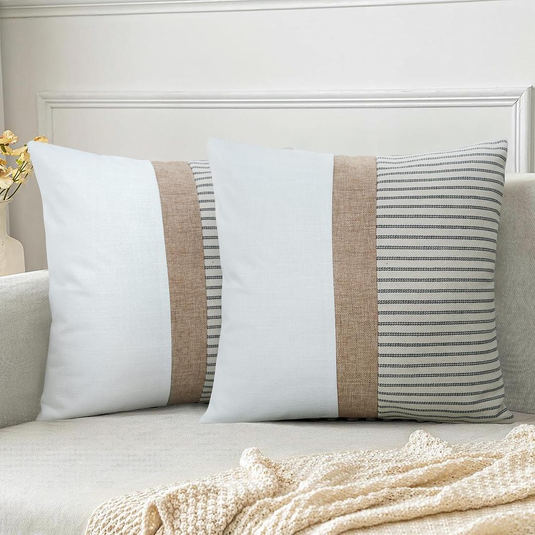 JASEN Farmhouse Pillow Covers 18x18, Modern Accent Square Throw Pillow Covers Set of 2, Grey and Beige Striped Patchwork Decorative Pillow Case for Sofa Couch Chair Bedroom