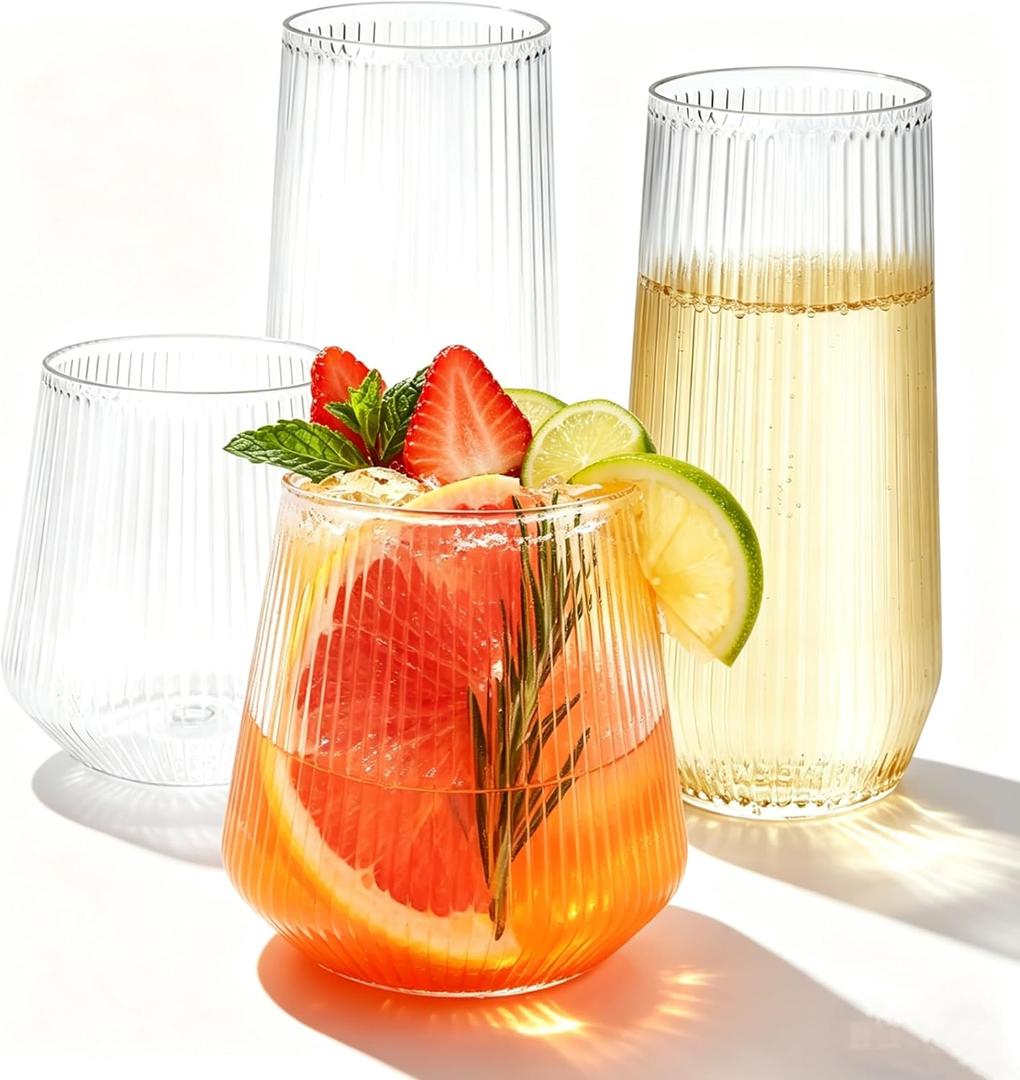 48 Pack Plastic Glasses 24 x 9oz Stemless Champagne Flutes & 24 x 12oz Stemless Wine Glasses Elegant Disposable Shatterproof Cup BPA-Free Drinkware for Weddings, Parties (Clear Ribbed)
