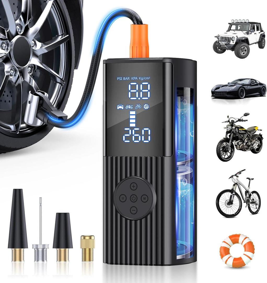 Tire Inflator Portable Air Compressor, 180PSI and 3X Faster Portable Air Compressor with Digital Pressure Gauge, Cordless Air Pump with Powerful Battery, for Car, Motorcycle, Bike, Ball