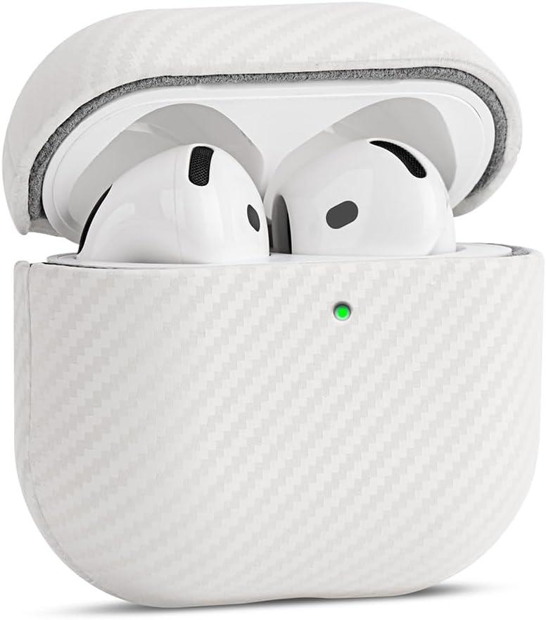 Leather Case - for AirPods 4 / AirPods 4 with Active Noise Cancellation Case Cover - Selected Skin-Friendly Leather, with Carbon Fibre Texture, Handmade Drop Protective Hard Cover - White