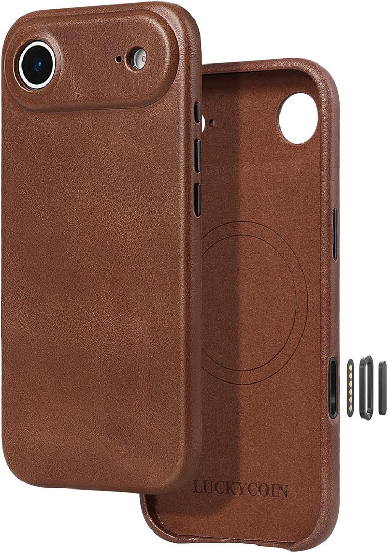 LUCKYCOIN Genuine Leather Phone Case for iPhone Air,Compatible with MagSafe and Wireless Charging,Camera Control Button,Metal Buttons,Slim Fit,Magnetic Shockproof Protective Case,6.5 inch - Dark Brown