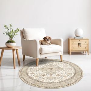 Round Rug 4Ft Washable for Bedroom: 4X4 Area Rugs Circle for Entryway Super Soft Distressed Oriental Rug with Non-Slip Backing Farmhouse Rug Low Pile Thin Stain Resistant Indoor Carpet 4' Round Ivory