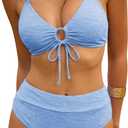 ZAFUL Bikini Sets for Women String 2 Piece Swimsuits High Waisted Bathing Suit V Neck Cut Out Swimwear Sky Blue, Large