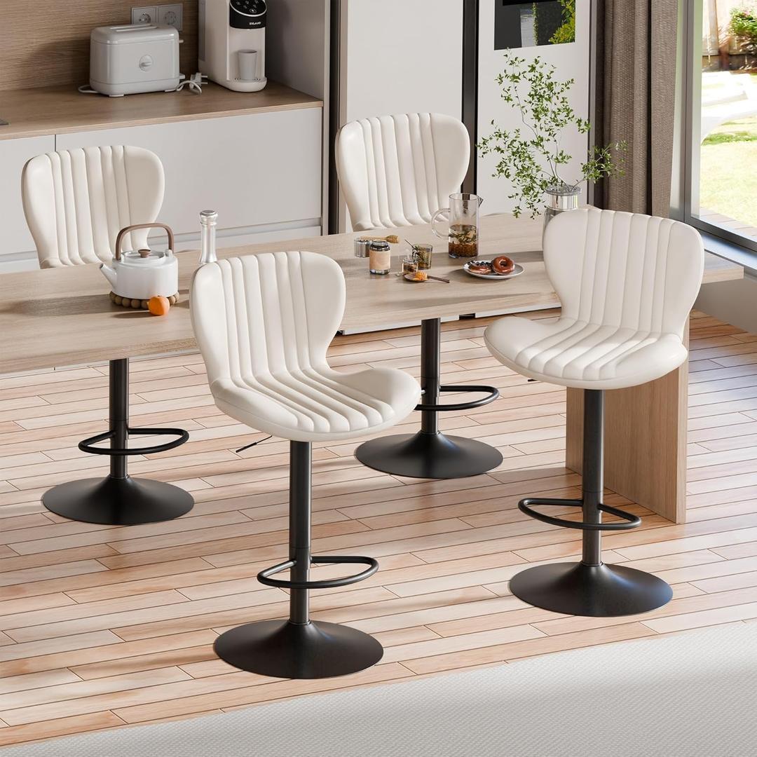 Shintenchi Bar Stools Set of 4 Modern Swivel Bar Chairs, Counter Height Faux Leather Metal Barstools, Upholstered Island Chairs with Back and Footrest, Beige (Pack of 2)