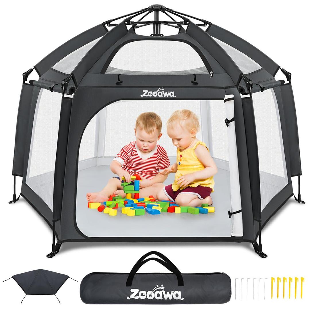 Pop Up Playpen for Baby, Portable Playpen for Babies and Toddlers with Removable Sun-Shades& 2 Side UV Covers, Lightweight Outdoor Baby Play-Pen for Beach Home with Travel Bag, Black