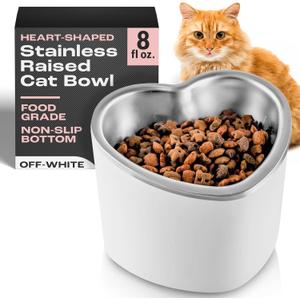 OCM Raised Cat Bowl  8oz Heart Shaped Elevated Bowls, Stainless Steel, Non-Slip, Promotes Digestion, Reduces Vomiting, Indoor Cat & Small Dog Bowls (Off White)