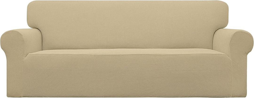 Easy-Going Stretch Sofa Slipcover 1-Piece Sofa Cover Furniture Protector Couch Soft with Elastic Bottom for Kids, Polyester Spandex Jacquard Fabric Small Checks (Sofa, Beige)