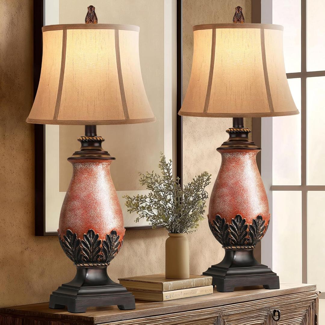 Hamucd 27" Set of 2 Tall Farmhouse Rustic Table Lamps for Living Room,3-Color Temperature Dimmable Western Bedroom Lamps for Night Stands Traditional Antique Decor (Amber) (Retro, 2)