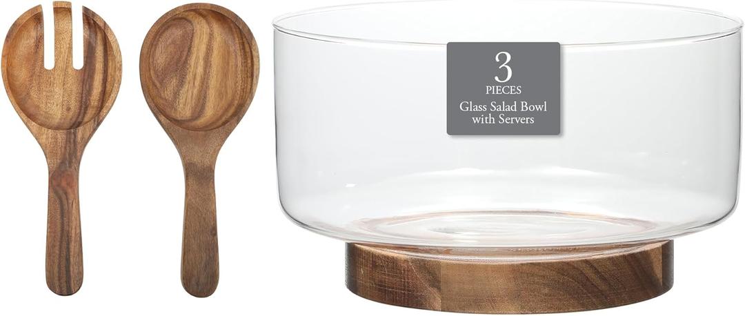 Gibson Elite Wildgreens Large Glass Salad Bowl or Decorative Fruit Bowl Set with Elegant Acacia Wood Base and Acacia Serving Utensils