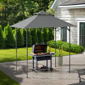 SUNJOY 8 x 5 ft. Grill Gazebo Pop Up Double Tiered Outdoor Gazebo Standing-Height Canopy with Magnetic LED Light, Adjustable Ceiling Height, for BBQ,Picnics, Outdoor Events, Gray