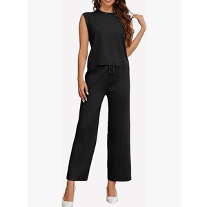 Women's 2 Pcs Outfits, Sweater Set, Sleeveless Knit Pullover Top High Waisted Pants Sweatshirt Summer Travel, XL