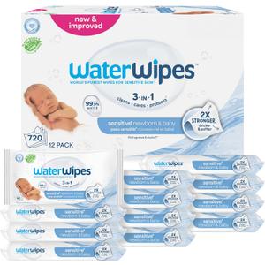 WaterWipes Sensitive+ Newborn & Baby Wipes, 3-In-1 Cleans, Cares, Protects, 99.9% Water, Unscented & Hypoallergenic, 720 Count (12 Packs), Best By December 2026 
