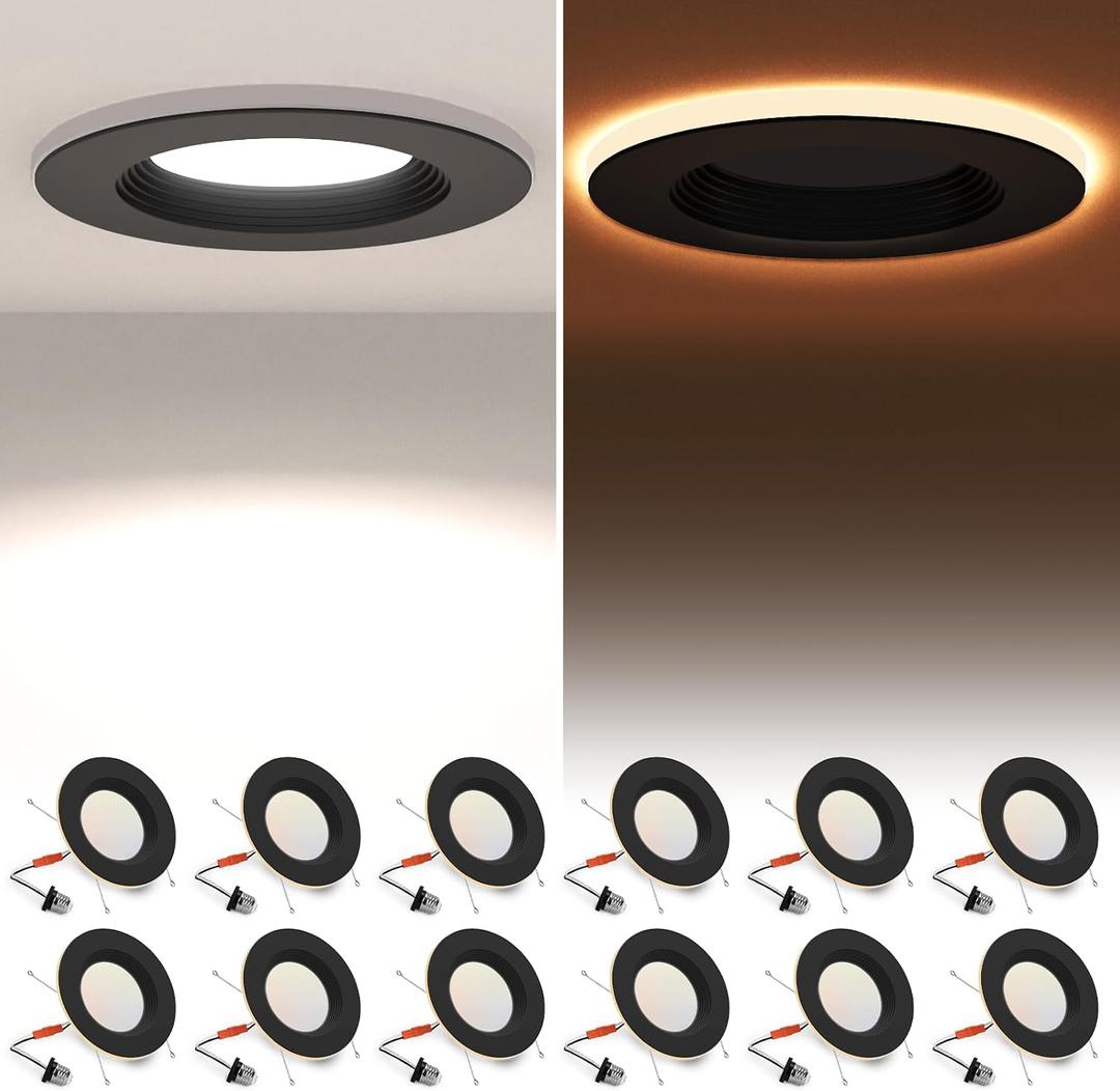 POWERASIA 12 Pack Black 5/6 Inch LED Can Lights with Night Light, 5CCT Retrofit Recessed Lighting Selectable 2700K-6000K Dimmable, 12W=75W, 1200LM Downlight with Metal Smooth Trim-ETL and Energy Star