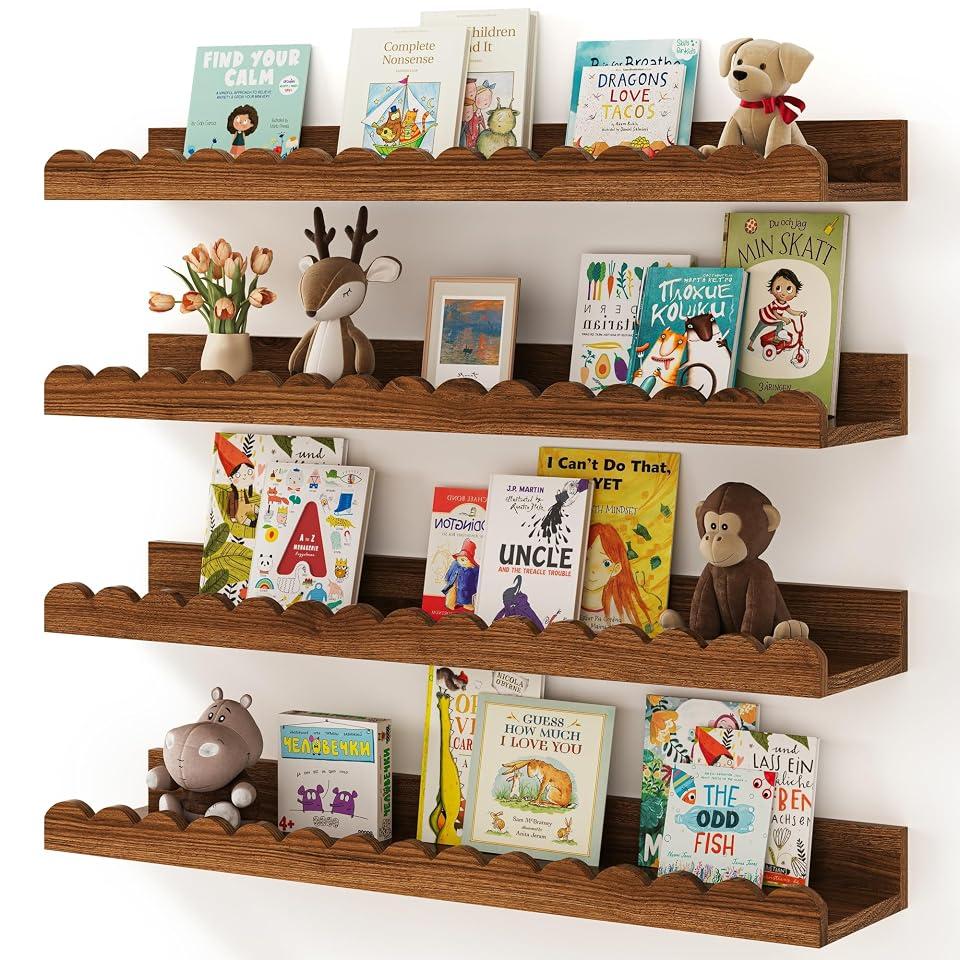 Shario Nursery Book Shelves, 4-Pack White Floating Shelves for Wall Kids, Scalloped Shelves, Wall Book Shelves for Bedroom Kids, Toddler Room, Baby Room, Nursery Decor