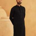 Sojanya (Since 1958 Men'S Ethnic Motifs Embroidered Sequinned Cotton Long Kurta (Black, S)