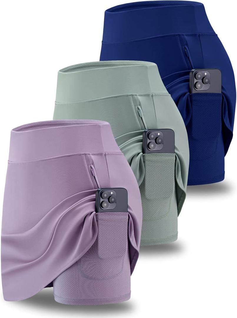 3 Pack Women's Athletic Skirts with Shorts Underneath, Tennis Golf Skorts Tummy Control Pockets for Workout Gym (Set 3, Small)