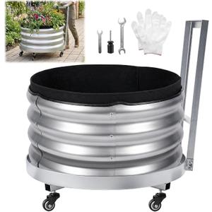 Large Galvanized Metal Raised Garden Bed Outdoor with Wheels, Planters Box for Outdoor Plants with Geotextile Grow Bag & Plastic Tray Pad, for Vegetables/Herbs/Flowers, 24" X 11.5"