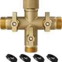 Hose Splitter Solid Brass 3 Way + Type Outdoor Faucet and Water Spigot Connector with Shut-Off Valves, 4 Extra Silicone Washers Included