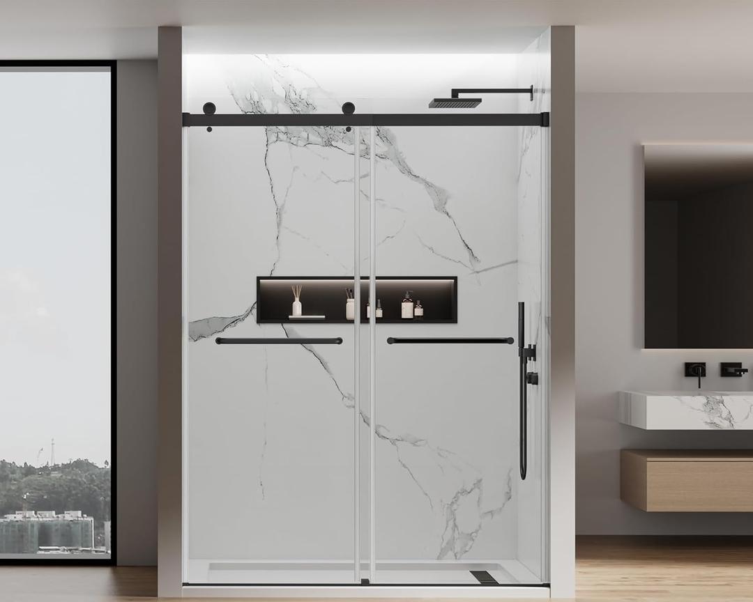 Double Sliding Frameless Shower Door, 56-60 in. W x 76 in. H, Door, 5/16" (8mm) Tempered Glass, Nano Coated for Easy Cleaning, Dual Handles, 304 Stainless Steel Hardware  JVR-A04 Matte Black