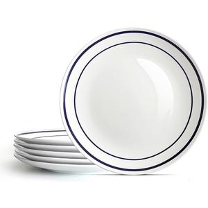 YFWOOD Ceramic Dinner Plates Set Of 6, 10.5 Inch Kitchen Dish Set, Contemporary Round Porcelain Tablewar,Microwave,Dishwasher and Oven Safe, Scratch Resistant Deep Plates - White & Blue Double Line