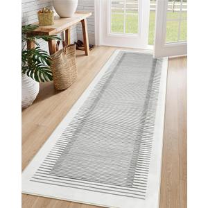 Wonnitar Washable Striped Runner Rug 2'6"x8', Non-Slip Berber Stripe Hallway Runner, Low Pile Minimalist Kitchen Soft Carpet Runner for Bedroom Bathroom Laundry Entryway (Grey, 2'6" x 8')