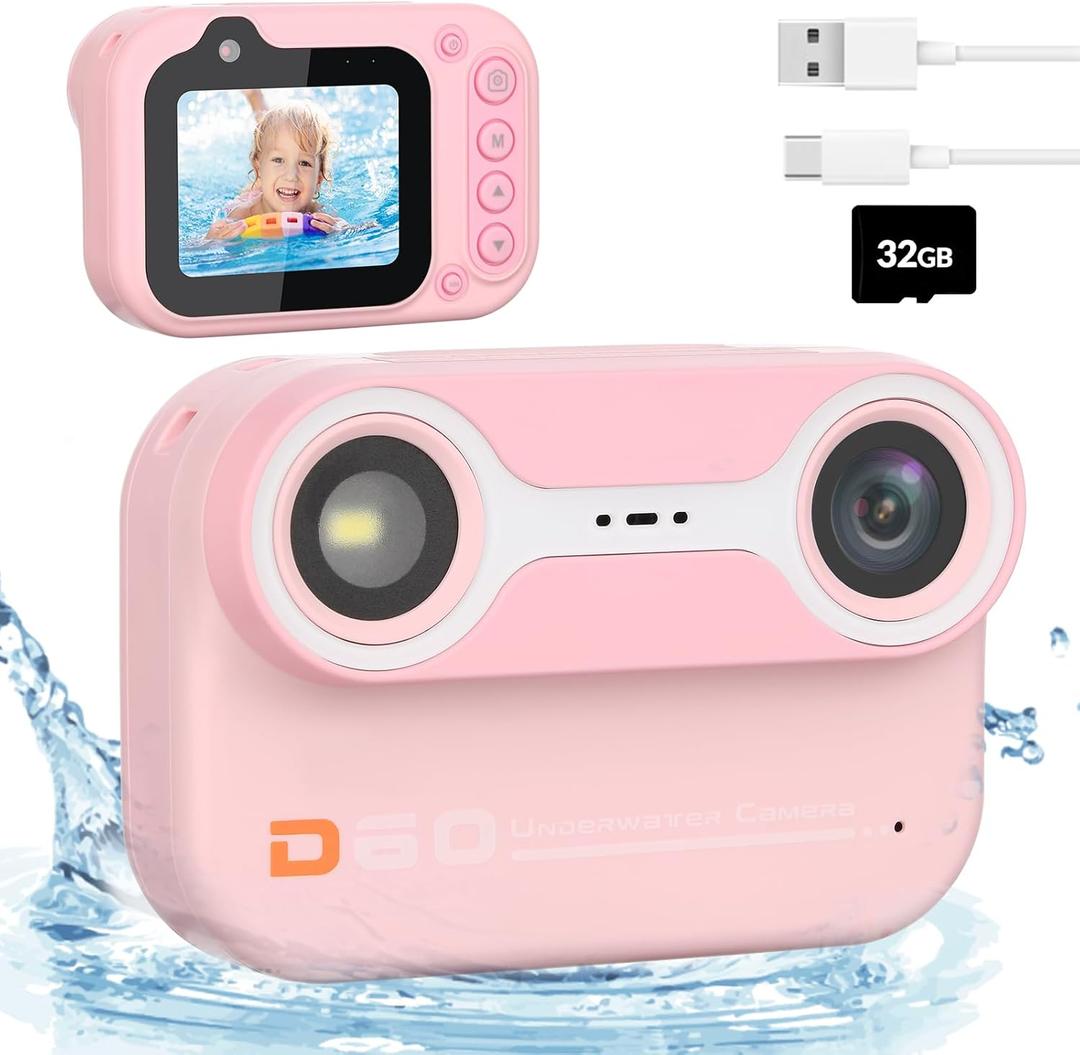 Bestrip Kids Underwater Camera, 1080P HD Waterproof Digital Camera with 2.4" IPS Screen, Birthday Gifts for Boys Girls Children, Toddler Cameras Toys for 3 4 5 6 7 8 9(Pink)