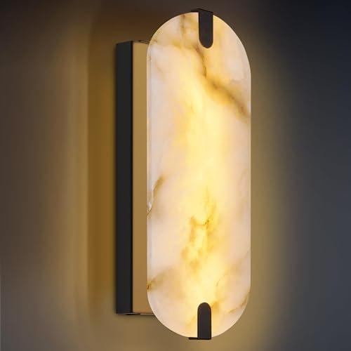 14.17in Alabaster Wall Sconces, Natural Marble Wall Light, Modern LED Alabaster Sconces for Living Room Indoor Wall Lamps for Dining Room Stairs Bedroom, Black, Set of 2