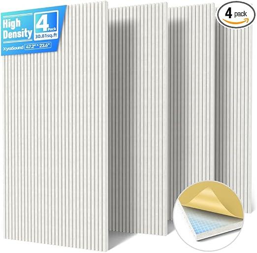4 Pack Large Acoustic Panels Sound Absorbing with Self-Adhesive, 47.2”*23.6”*0.36” High Density Sound Proof Foam Panels for Walls, 3D Vertical Soundproof Wall Panels for Home Studio Office Decor-White