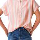 Astylish Womens Striped Henley Neck Linen Shirt Casual Button Down Cap Sleeve Blouse Tops (M)