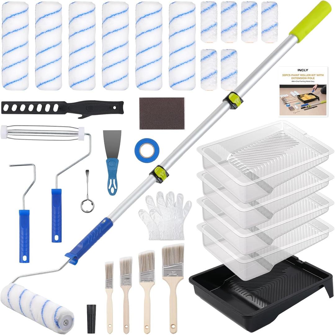 INCLY 32PCS Paint Roller Kit with 2 to 4 Ft Extension Pole, 4" & 9" Paint Rollers with 11'' Tray, Paint Brushes, Painting Supplies for Home Interior, House, Ceiling, Walls and Professional Painting