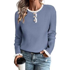 Arach&Cloz Womens Swaters 2024 Fall Fashion Outfits Long Sleeve Crewneck Knit Tops Ruffle Casual T-Shirts Cute Tees Blouses (Blue, XL)