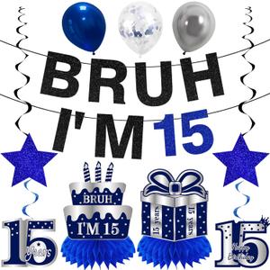 Kuxriox 11Pcs 15th Birthday Decorations for Boys Men, Blue Sliver Happy 15th Birthday Banner, Bruh I'm 15 Balloons Centerpieces Swirls Party Supplies, Fifteen Bday Banner Ceiling Table Topper Sign