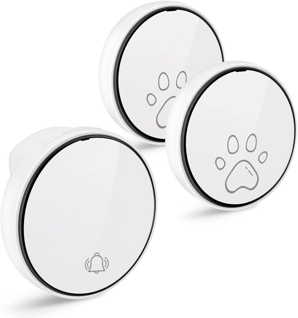 Comsmart Smart Wireless Dog Door Bell, Doggie Doorbell for Pet Potty Training Communication Go Outside Press Button with 38 Melodies 4 Volume Levels LED Flash (1 Receiver & 2 Transmitter), White
