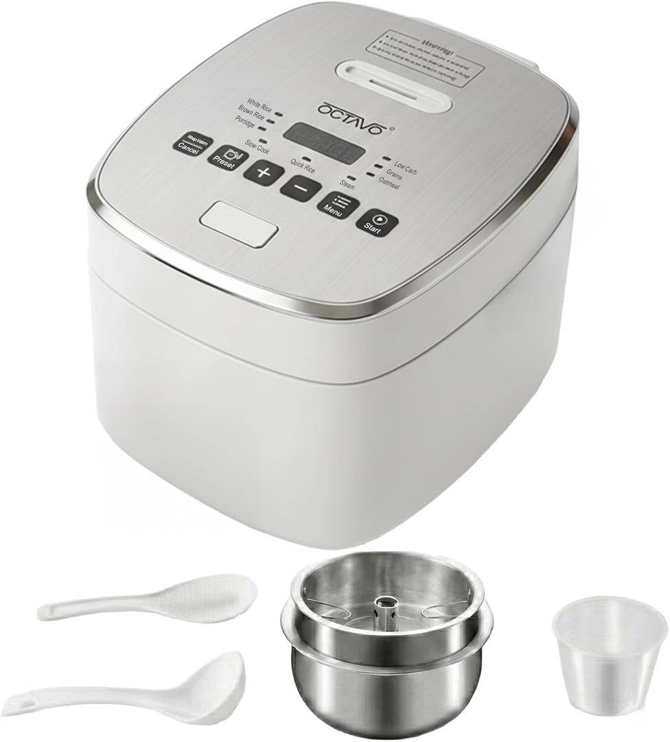 OCTAVO Low Carb Rice Cooker, 5-Cup Uncooked Stainless Steel Inner Pot, Low Sugar Rice Maker with 24H Timer and Auto Keep Warm, Small Rice Maker LED Display, White Rice/Brown Rice/Grains/Oatmeal