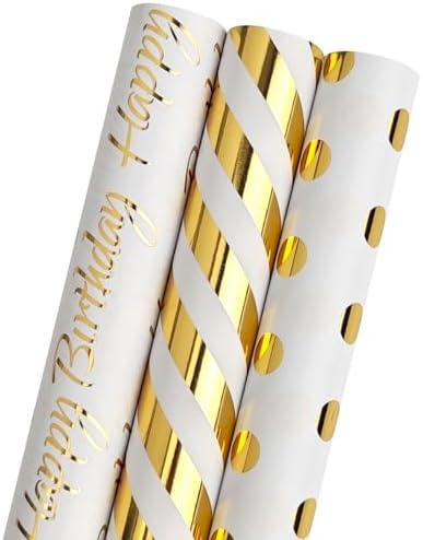 LDGOOAEL Mini Short Wrapping Paper Roll with Cut Lines - Gold Foil with Stripes, Dots & Happy Birthday Lettering for Holiday, Wedding, Baby Shower