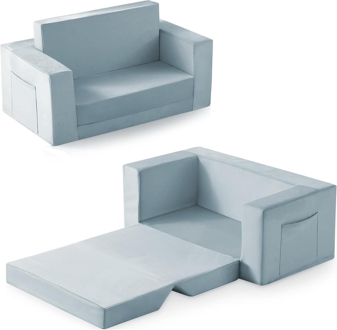 Kids Couch, 2-in-1 Toddler Chair Comfy 1-3 Years, Convertible Kids Chair, Toddler Couch That Fold Out, Kid Lounge Chairs for Boys and Girls Gifts, Kids Recline, Double, Blue