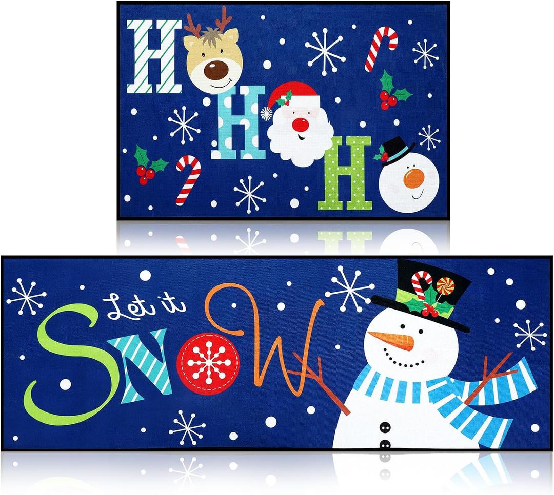 Ceenna 2 Pcs Winter Blue Snowman Rug Decorative Kitchen Doormat Let It Snow Doormat Set Winter Washable Non Slip Floor Rugs Christmas Santa Claus Floor Mat for Front Porch Door Bathroom