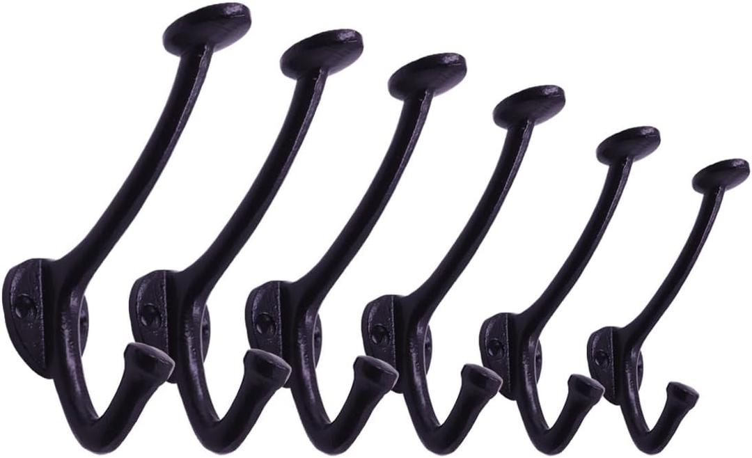 The Metal Magician 6-Pack Cast Iron Wall Mounted Coat Hooks, Vintage Decorative Heavy Duty Black Hooks for Coats, Hats, Purse, Towels, Modern Farmhouse Decorative Hook Set Black
