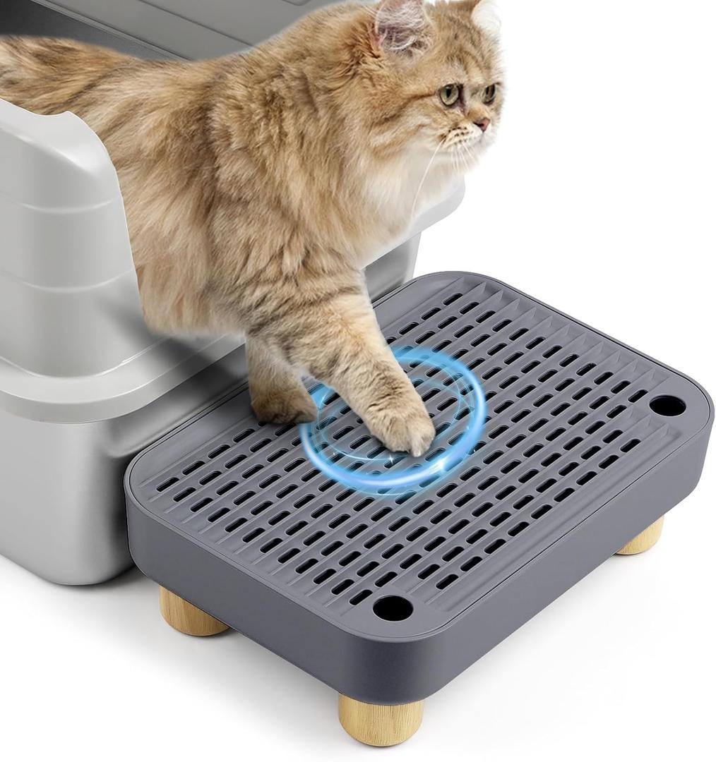 Cat Litter Box Step Ramp, Cat Litter Catcher Mat with Wooden Feet, Filter Function, Pedal Stool for Self-Cleaning Litter Box, Ideal for Kitten & Elderly Cats (Dark Grey)
