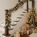 6ft Christmas Norfolk Pine Garland with Light Realistic Prelit Christmas Garland with Bow Berry Stem Ball Real Touch Greenery Garlands for Mantle Fireplace Table Home Decor(Gold)
