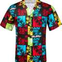 Barry.Wang Men's Hawaiian Floral Shirts Casual Tropical Beach Short Sleeve Funky Aloha Shirt Summer Holiday Vacation Party (Medium, Black and Red Splice)
