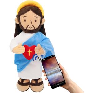14" Jesus Plush with NFC Daily Bible Verse and Music,Stuffed Doll Plushie for Kids,Heart of Jesus Savior Toy for Religious Christening Easter Gift,Blue (Brown)