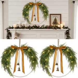 Hungdao 2 Pack 11.8" Rustic Christmas Pine Wreath with Light Bell Bow for Front Door Farmhouse Artificial Christmas Hoop Wreath for Window Wall Mantle Hanging Outdoor Indoor Decor(Cedar Pine)