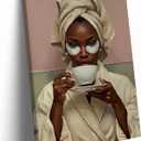 Black Woman Banthroom Canvas Wall Art Relaxing Woman Drinking Coffee Picture Wall Decor African American Black Girl Spa Poster Zen Yoga Painting Print Artwork for Restroom Toilet Washroom Home Decor, Canvas, 24L"x16W"
