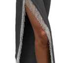 Women High Waisted Jeans Straight Wide Leg Pants with Rhinestone Fringe Trim Split On The Side (XL, Grey)