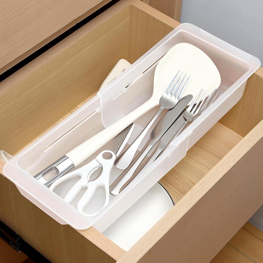 1 Pack Deep Drawer Organizer Bins, Adjustable Sliding Drawer Organizer Bin Expandable Tray for Kitchen Utensils, BBQ Tools, Towels, Durable Plastic Sliding for Easy Storage (12.4" to 18)