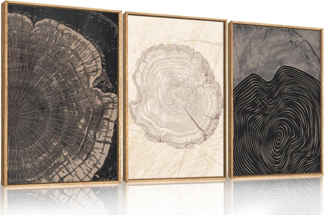 Beige Pastel Wood Tree Rings Framed Canvas Wall Art Set,Modern Nature Grey Wood Stump Wall Decor,Vintage Minimalist Tree Spiral Art Print for Living Room,Bedroom,Dining Room,Office-16 x24 x3