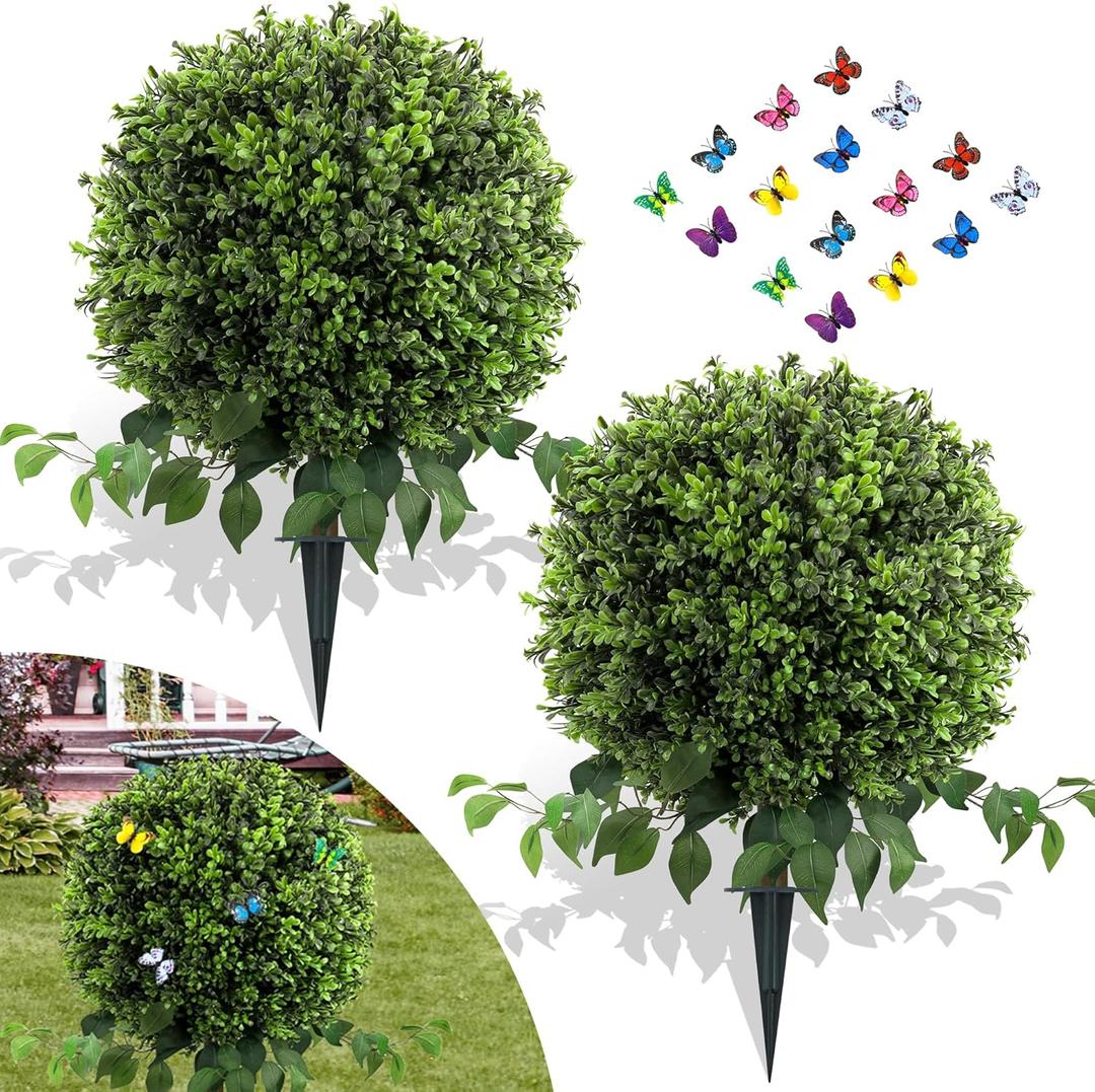 28" Artificial Boxwood Ball Bush, UV Resistant Topiary Tree Faux Boxwood Ball Shaped Porch Bushes with Ground Spike Artificial Bushes for Outdoors Front Door Decor Home Garden (Green)